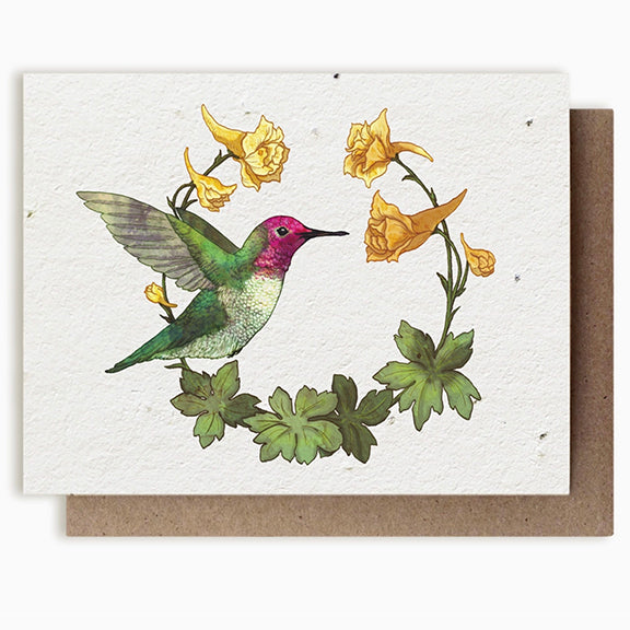 Plantable Herb Seed Greeting Card: Anna's Hummingbird & Yellow Larkspur