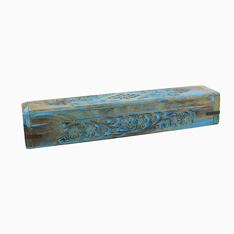 Hand Carved Wooden Incense Burner Box - Blue Floral