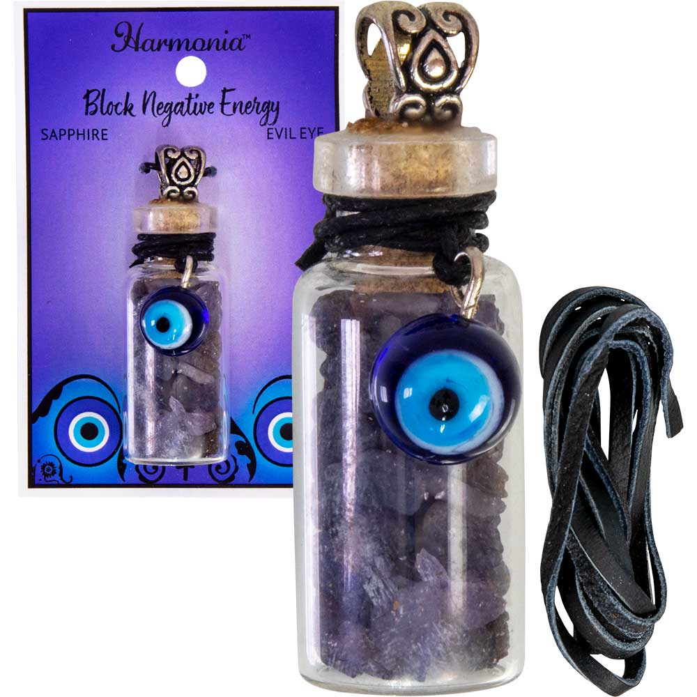 Necklace stone chip bottle - Sapphire & Evil Eye