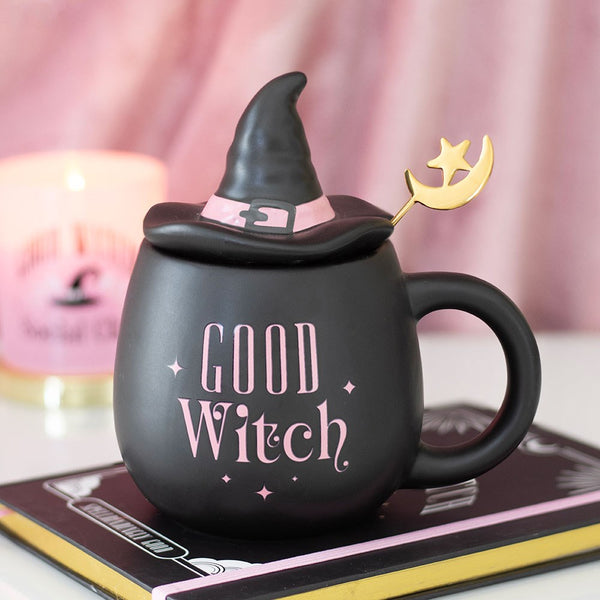 Pink Good Witch Lidded Ceramic Mug with Metal Moon Spoon