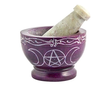 Mortar & Pestle Triple Moon Pentacle Carved Soapstone