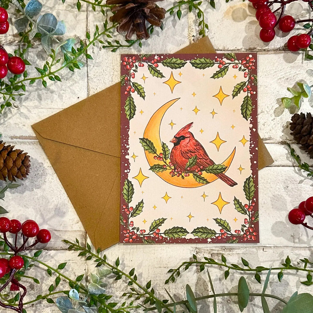 Hand Illustrated Greeting Card - Cardinal & Moon