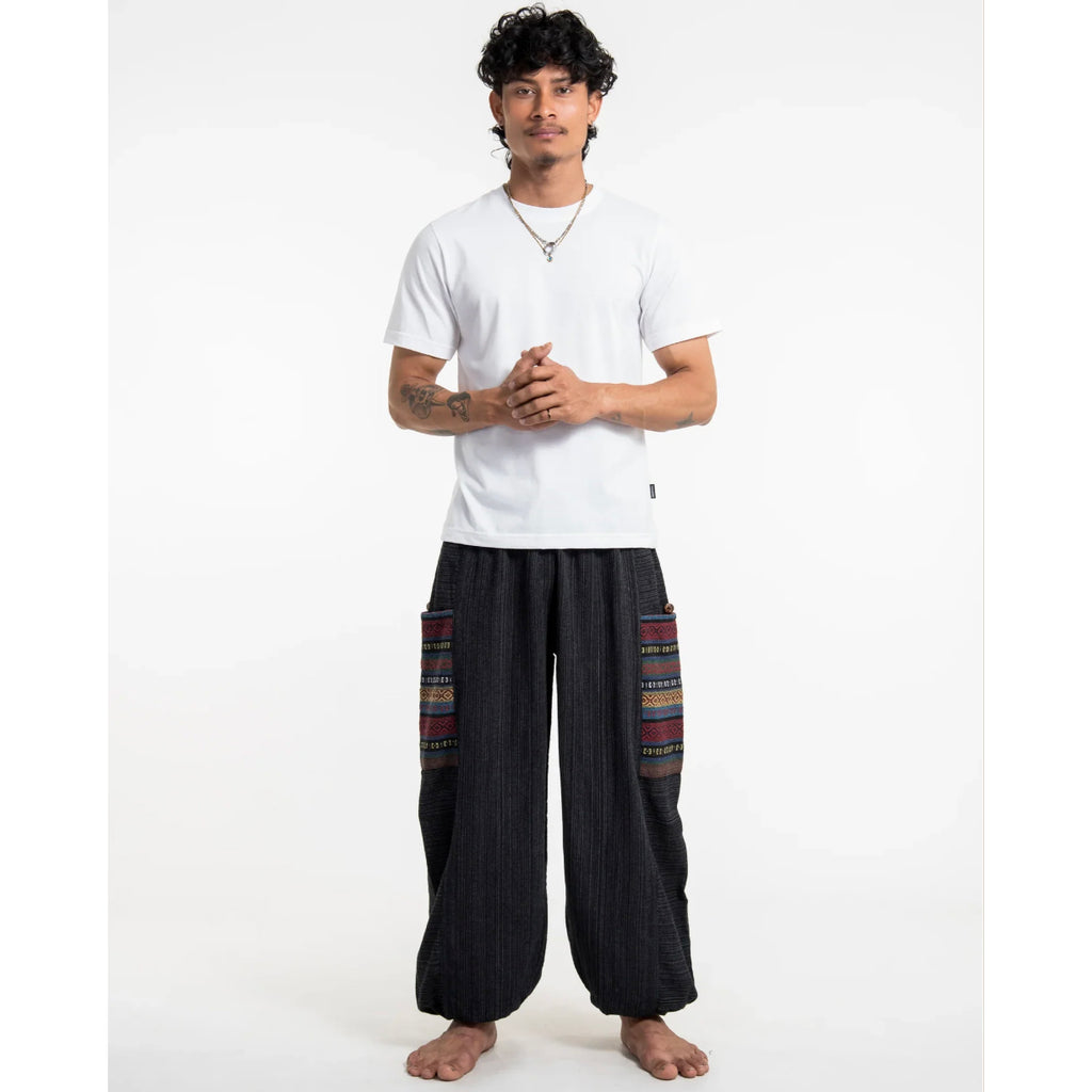 Unisex Drawstring Pinstripes Cotton Pants with Aztec Pocket in Black