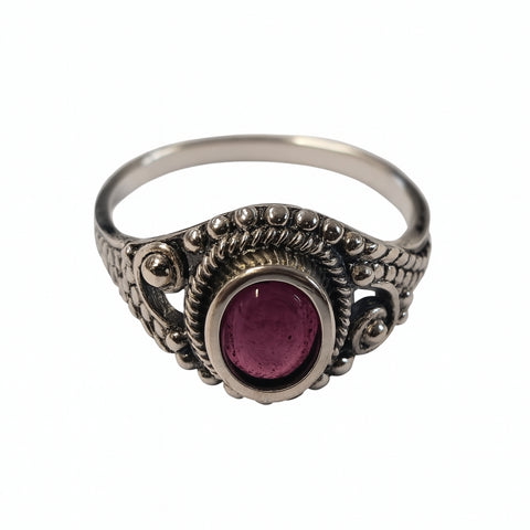 Rung ruby oval ornate band sterling silver
