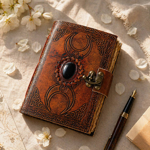 Handmade Leather Journal Blank Triple Moon with Stone