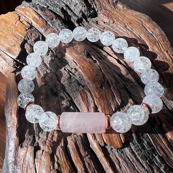 Bracelet 8mm crackle quartz with cylinder rose quartz bead