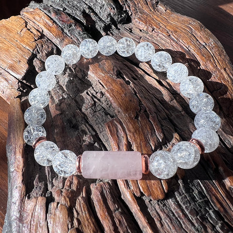 Bracelet 8mm crackle quartz with cylinder rose quartz bead