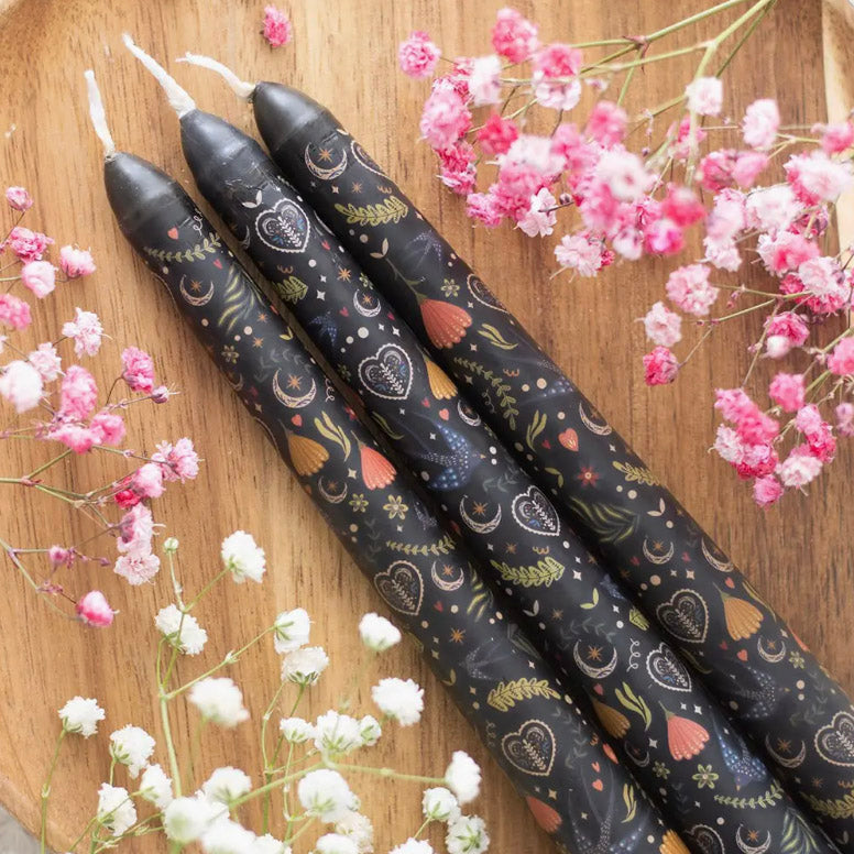 Taper Candles Set of 3 Folk Floral Print - Black