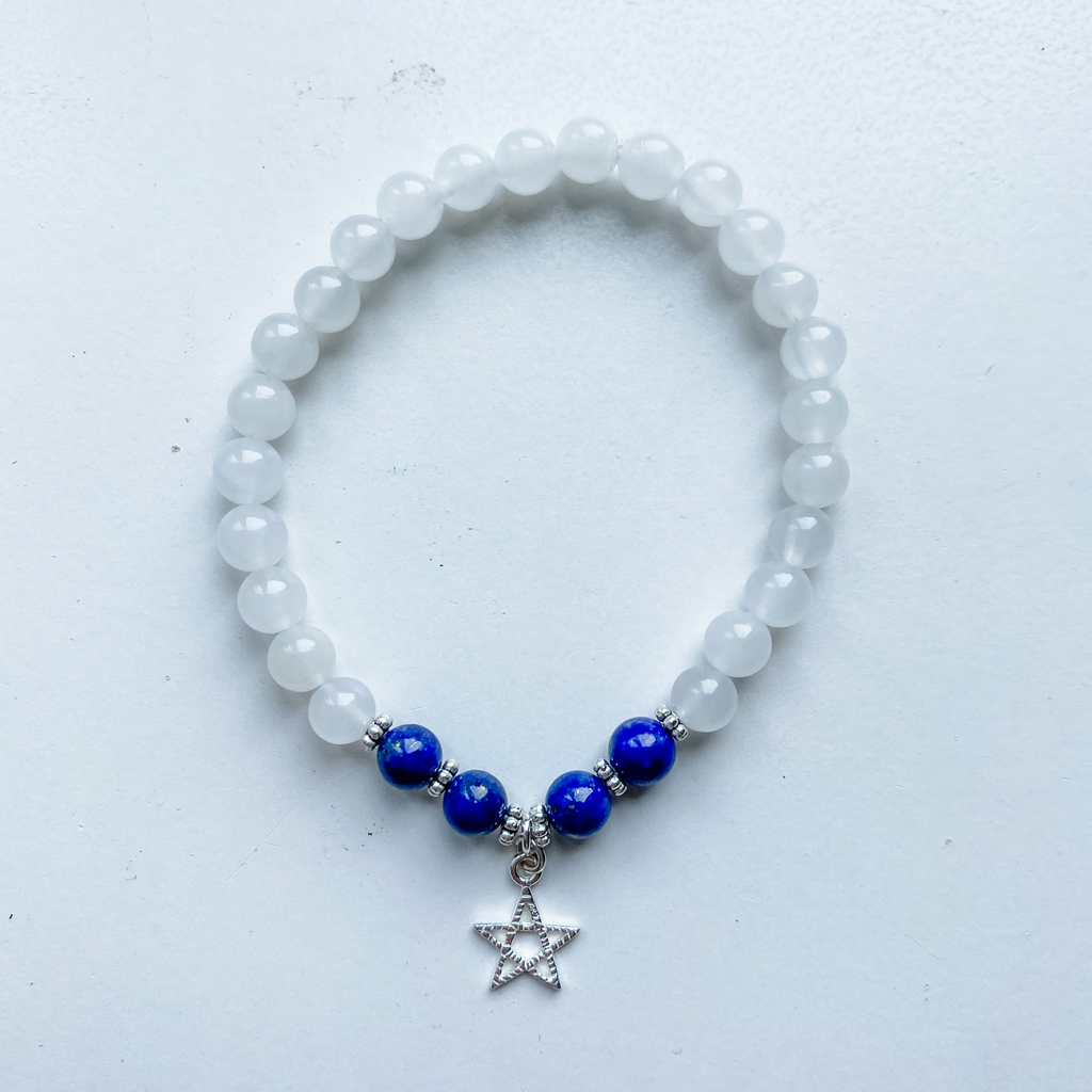 Bracelet 6mm lapis pentacle sterling silver