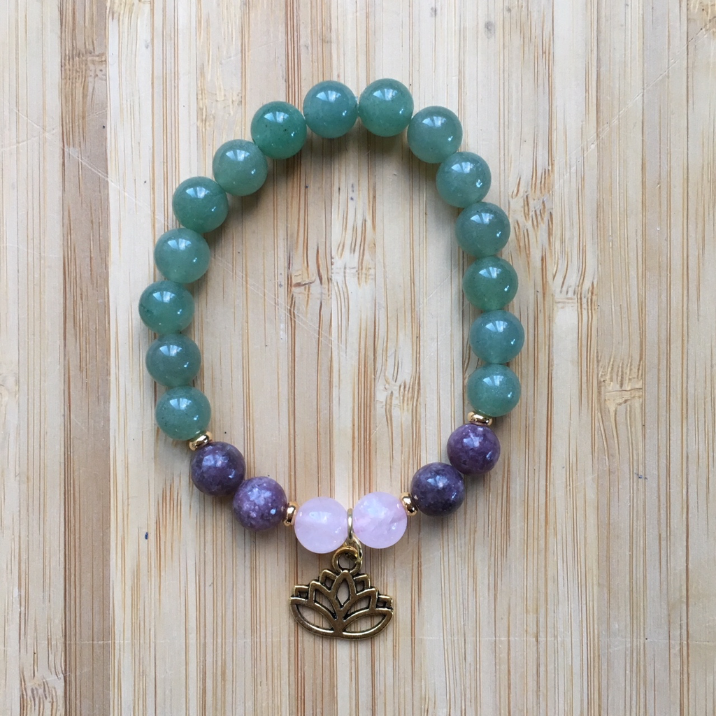 Bracelet aventurine, lepidolite, rose quartz & brass lotus
