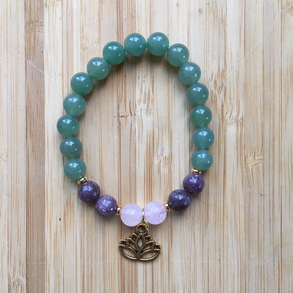 Bracelet aventurine, lepidolite, rose quartz & brass lotus