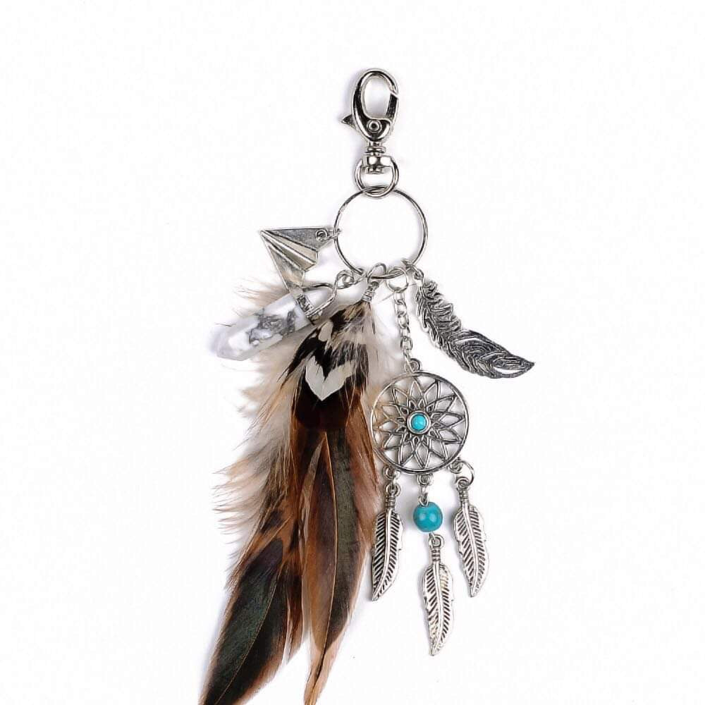 Key Chain /purse clip feather, dream catcher, howlite point