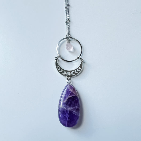 Necklace amethyst & rose quartz drop with moon phase - stainless steel