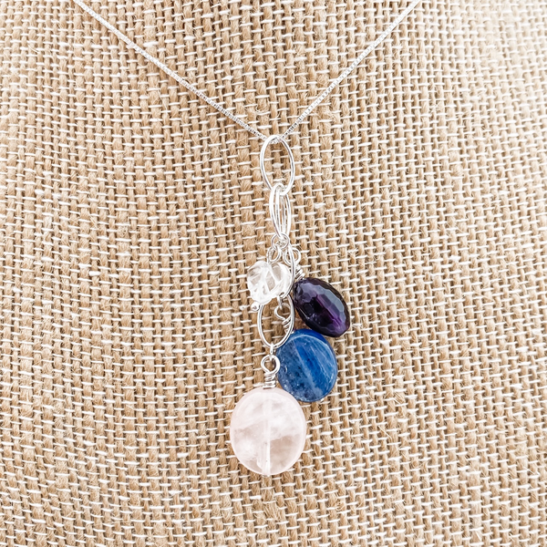 Necklace rose quartz, kyanite, amethyst, quartz leaf sterling silver 18” chain