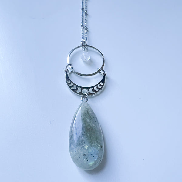 Necklace labradorite & moonstone drop with moon phase - stainless steel