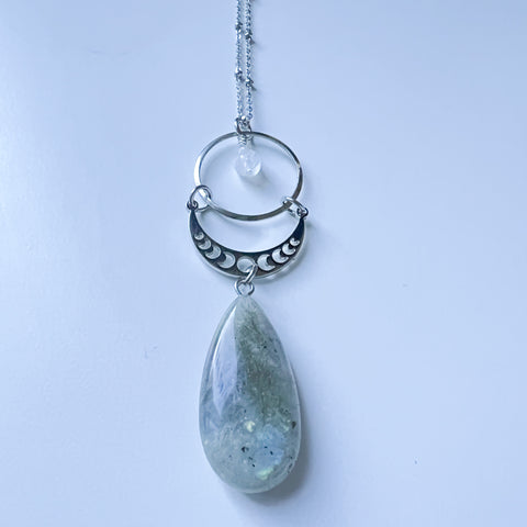 Necklace labradorite & moonstone drop with moon phase - stainless steel