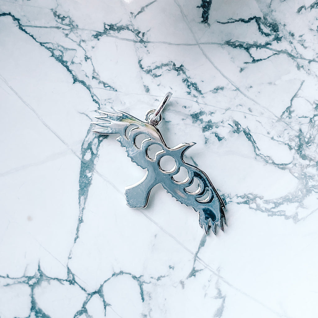 Raven pendant with moon phases sterling silver