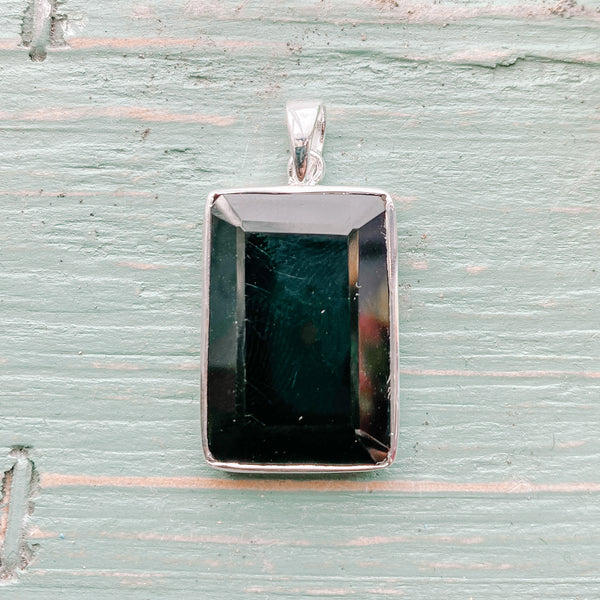 Pendant Black Tourmaline facet rectangle sterling silver