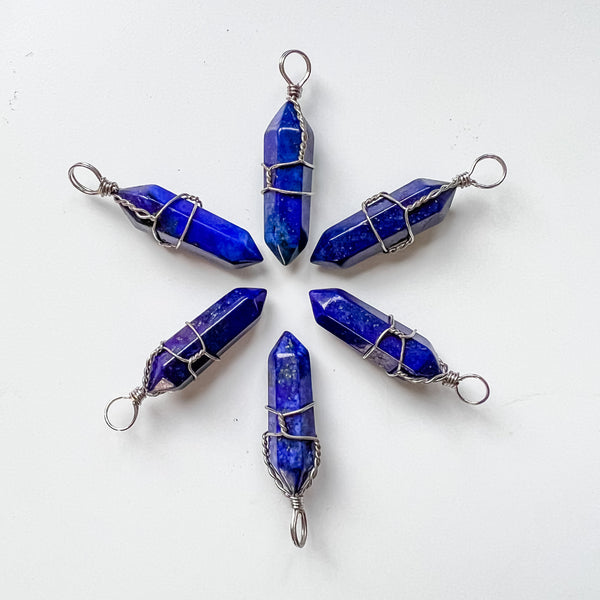 Pendant wire wrapped Lapis point