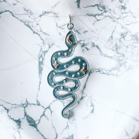 Pendant snake with bronze star and moon sterling silver