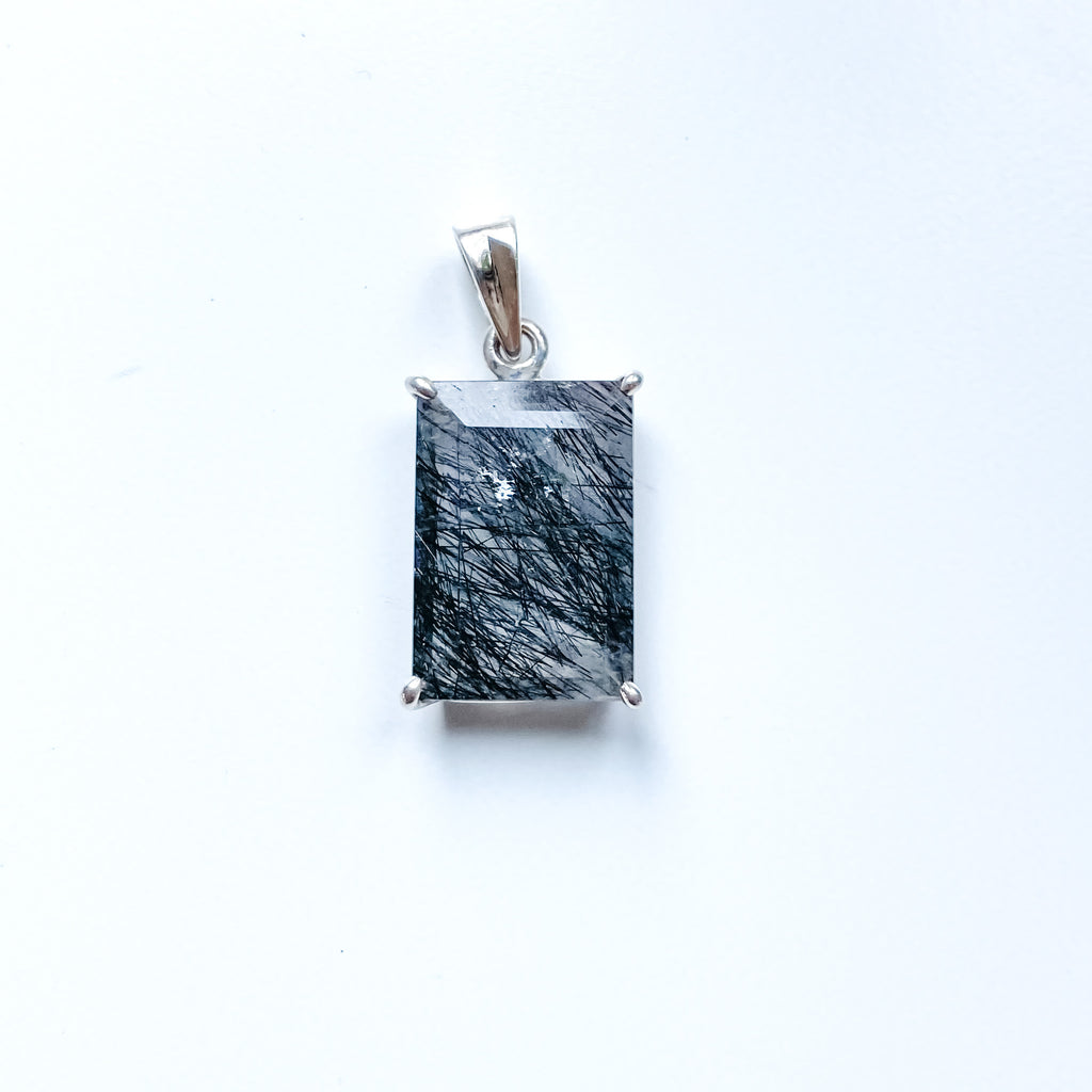 Pendant Tourmalinated Quartz rectangle  Sterling Silver