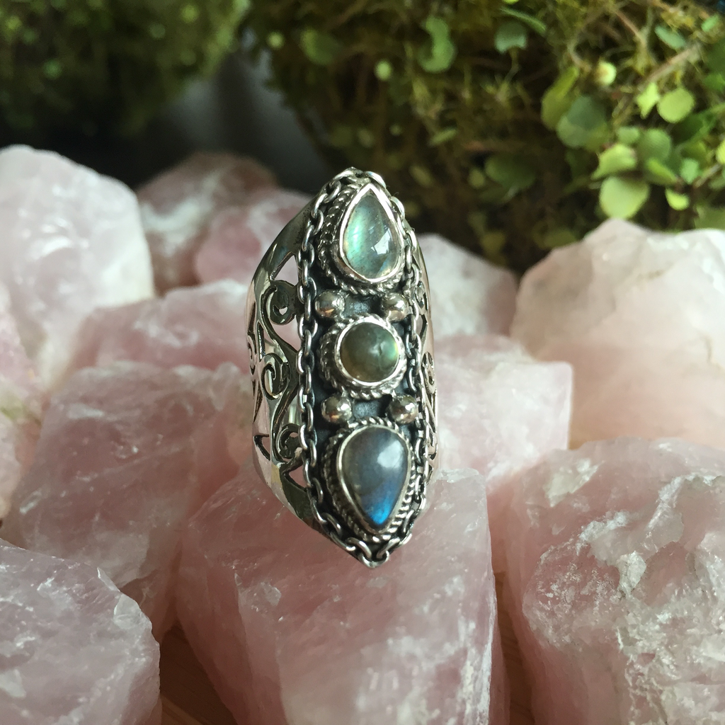 Ring 3 labradorite filagree wide band sterling