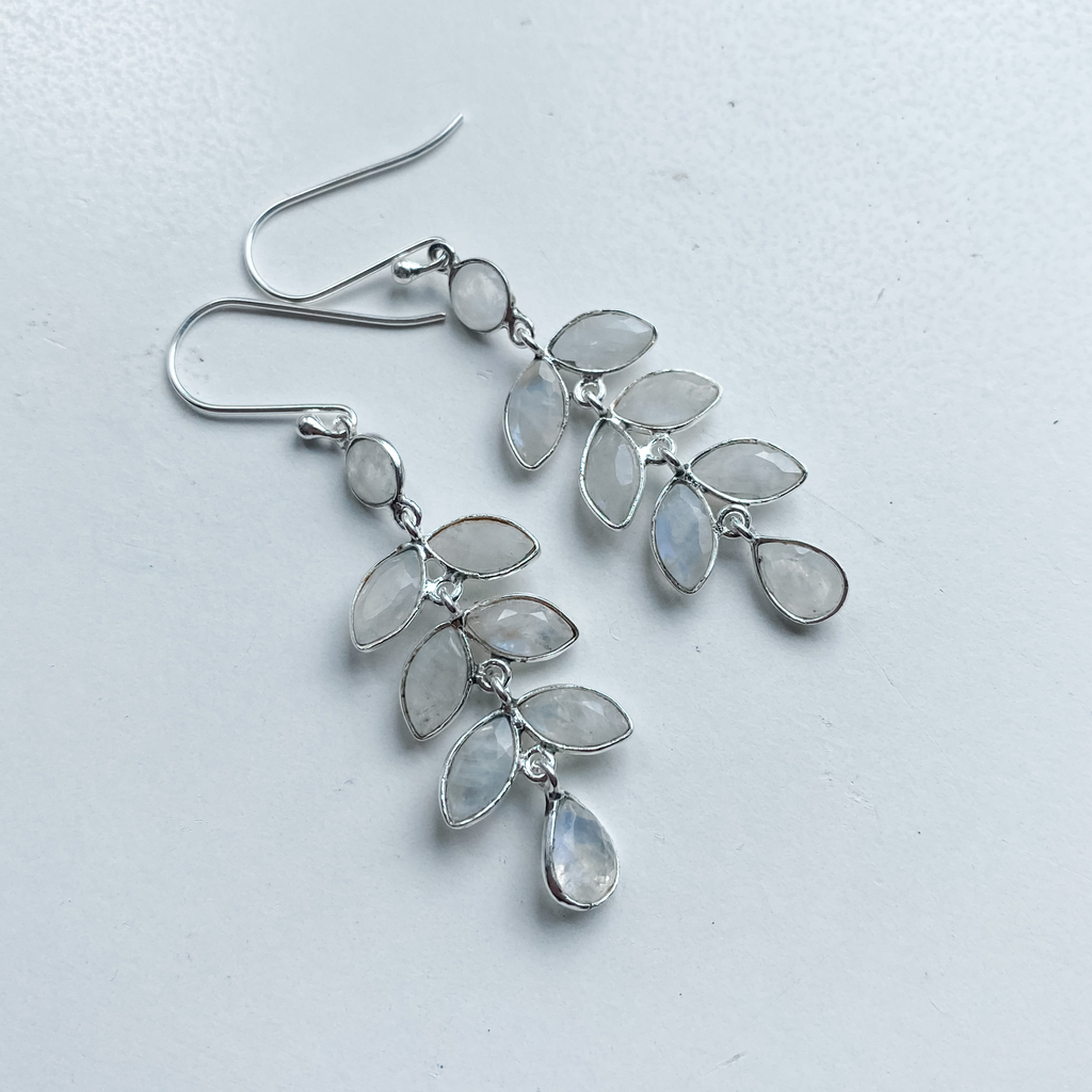 Earrings moonstone leaf dangle sterling silver