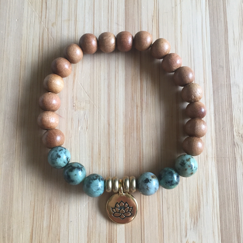 Bracelet african turquoise/sandalwood with brass lotus