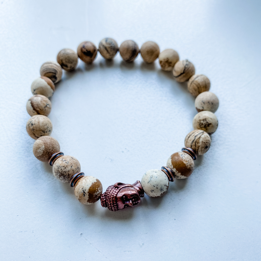 Bracelet 8mm picture jasper with copper Buddha