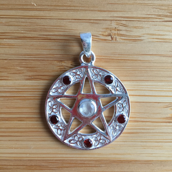 Pendant pentacle moonstone garnet sterling silver