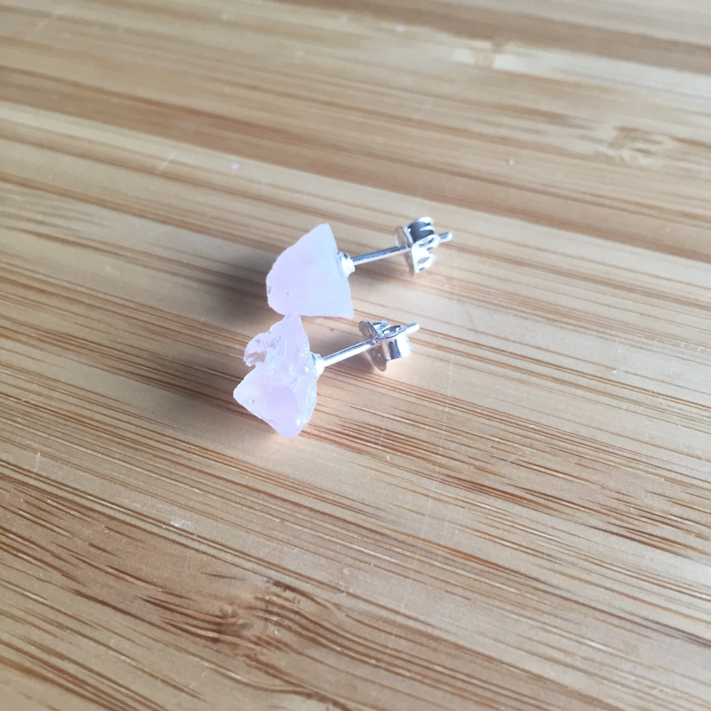 Earring rose quartz raw stud sterling silver