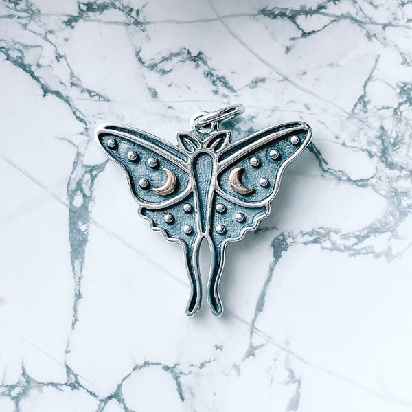 Pendant Luna moth with bronze moons sterling silver