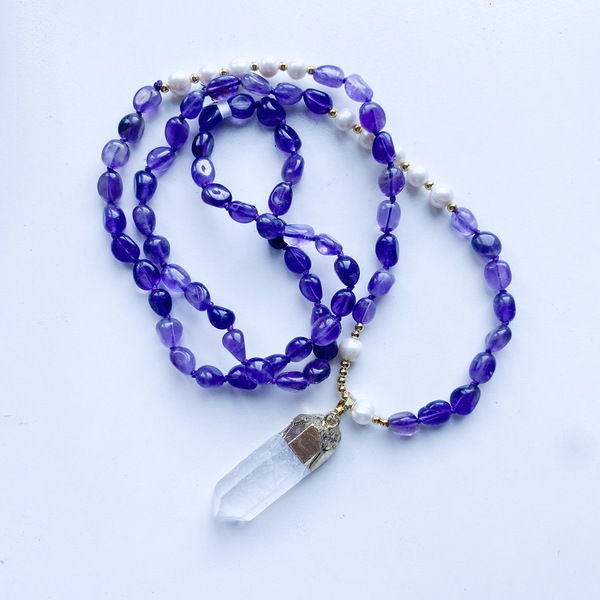 Necklace amethyst, pearl & quartz